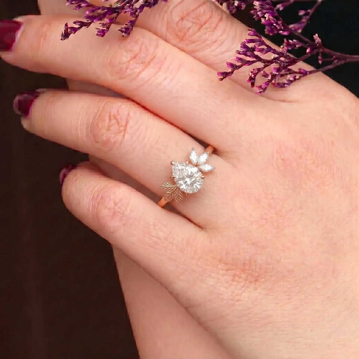 Pear Cut Moissanite Leaf Engagement Ring Nature Inspired Cluster Floral Rings - Sylvéra