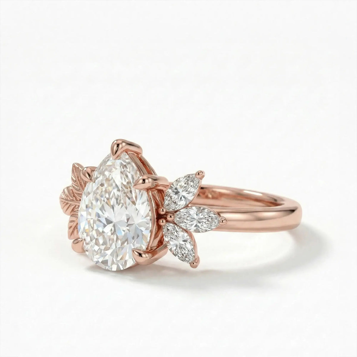 Pear Cut Moissanite Leaf Engagement Ring Nature Inspired Cluster Floral Rings - Sylvéra