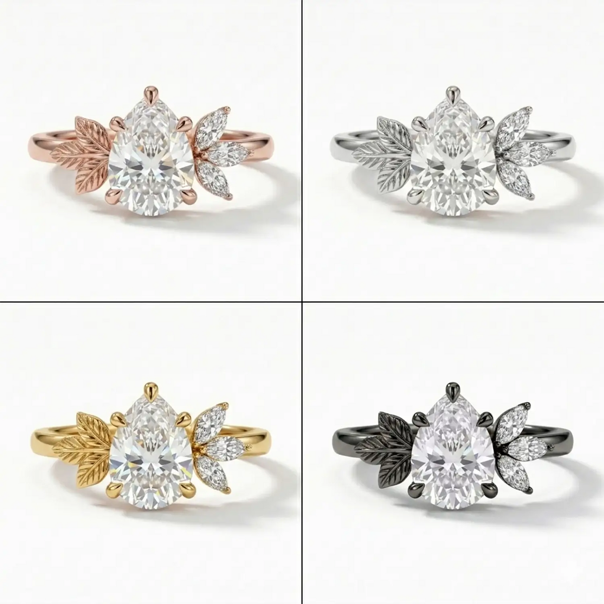 Pear Cut Moissanite Leaf Engagement Ring Nature Inspired Cluster Floral Rings - Sylvéra