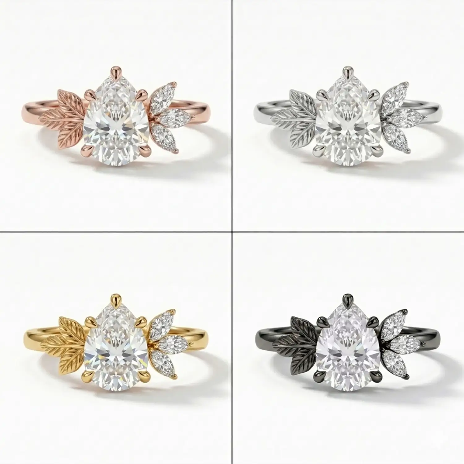 Pear Cut Moissanite Leaf Engagement Ring Nature Inspired Cluster Floral Rings - Sylvéra