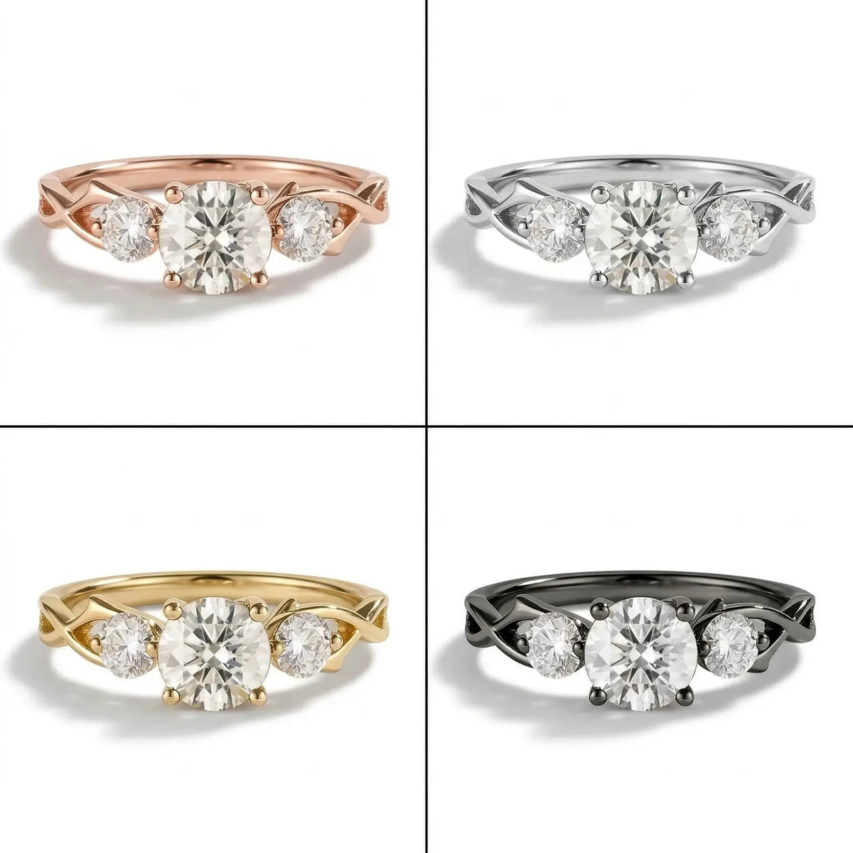 Unique Round Moissanite Three-Stone Engagement Rings – Artistic Gold Ring
4 color material