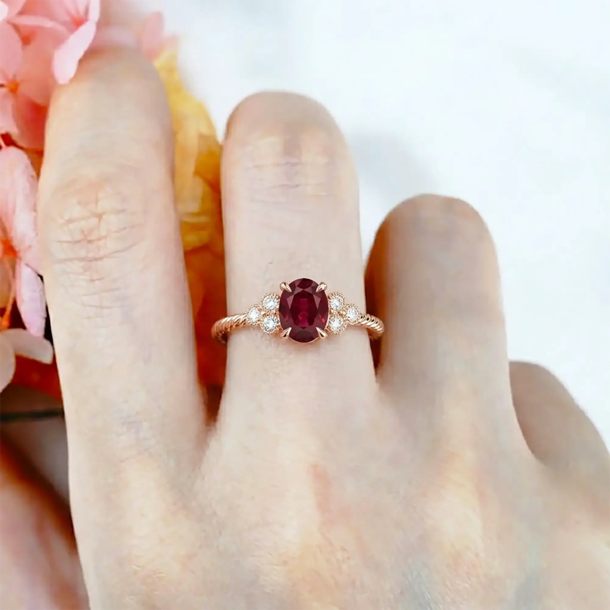 july birthstone ruby ring oval cut with rope band style for women jewelry gift