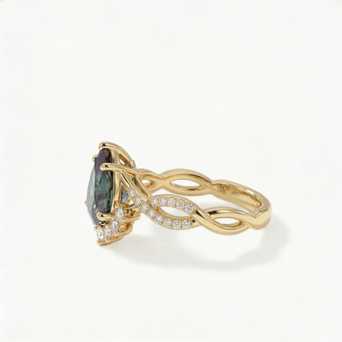 twisted infinity engagement ring alexandrite and moissanite pavé vintage
