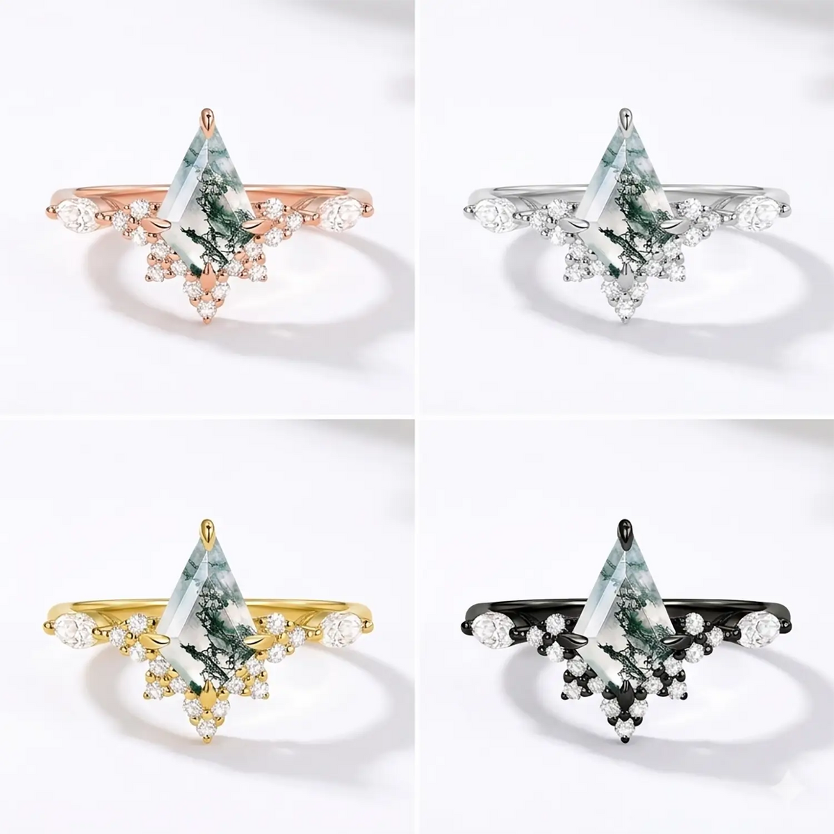 Unique Kite Cut Moss Agate Engagement Ring – Cluster Rings 18K promise rings - 4color