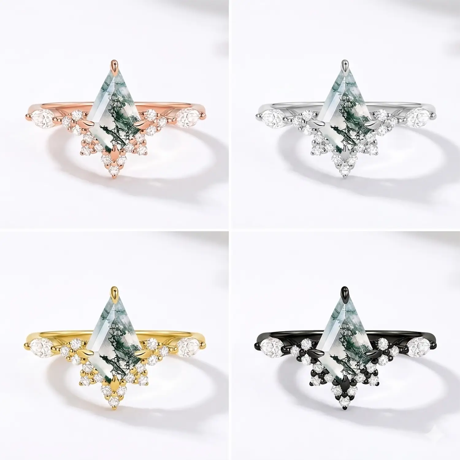 Unique Kite Cut Moss Agate Engagement Ring – Cluster Rings 18K promise rings - 4color