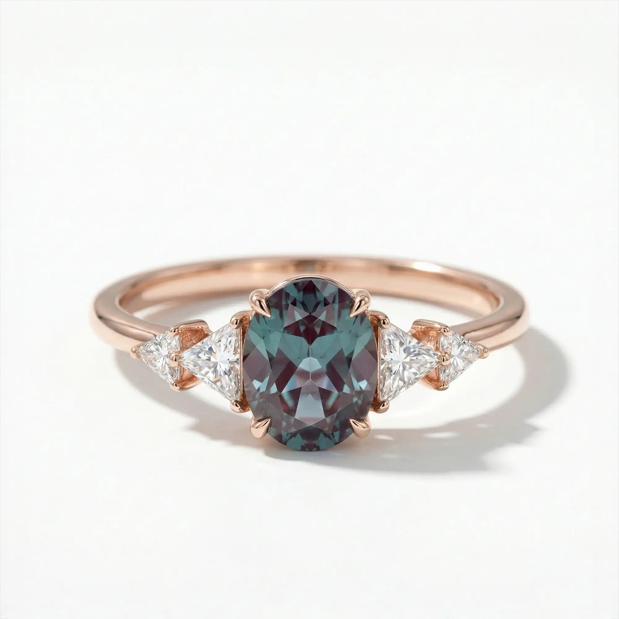 Modern oval cut alexandrite five stone engagement ring with trillion moissanite accents