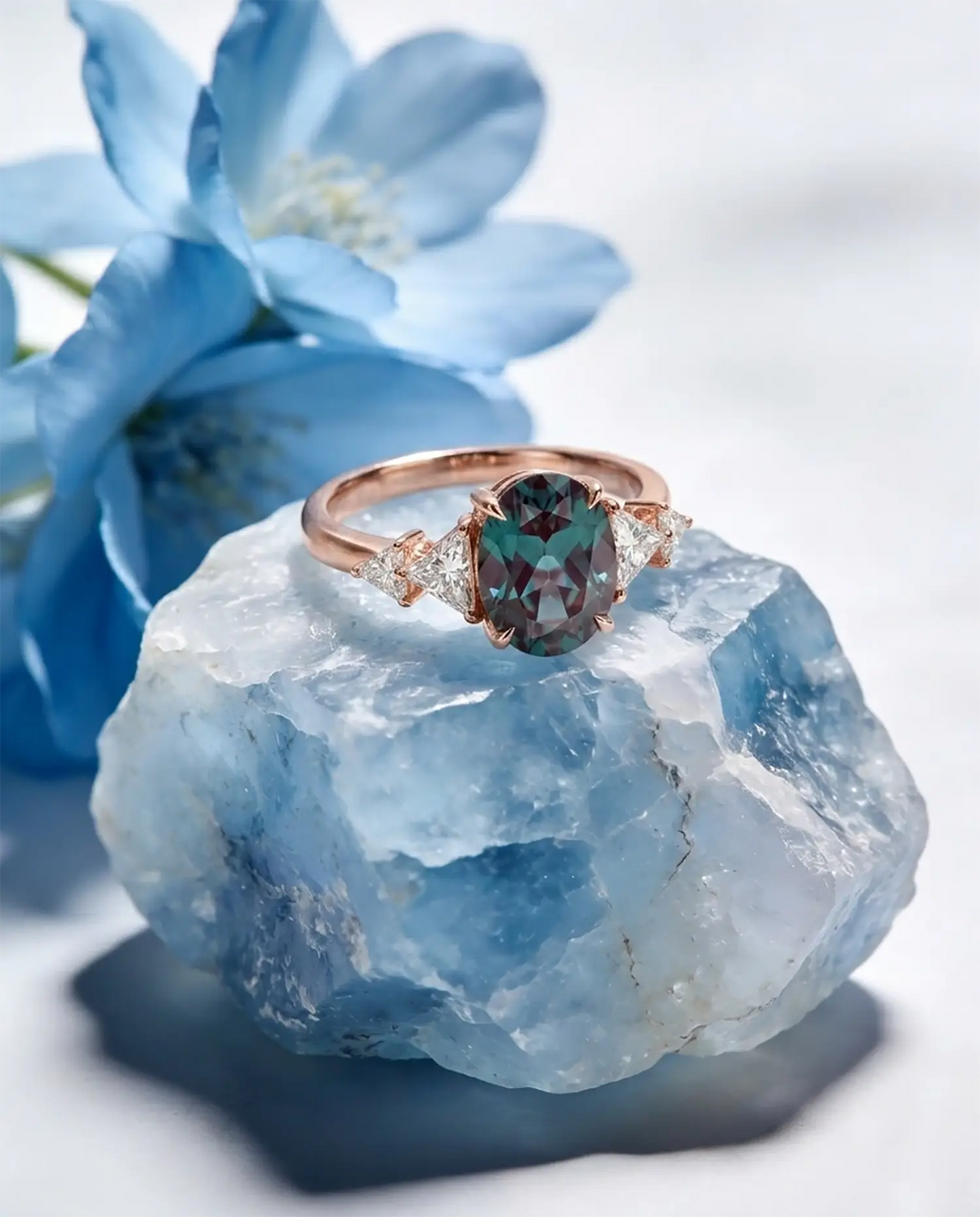 Contemporary alexandrite and moissanite engagement ring for women