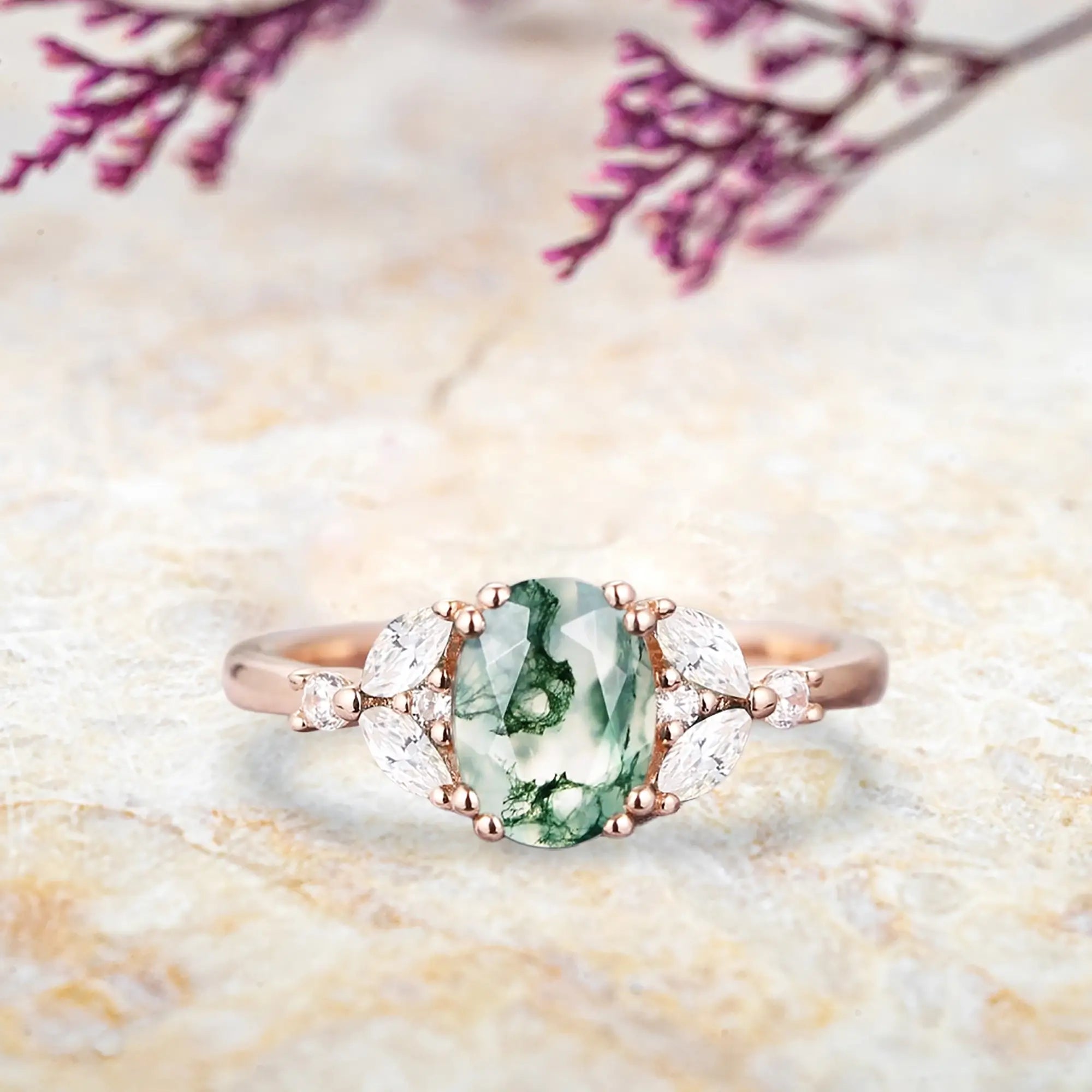 Oval moss agate engagement ring rose gold with pear diamond cluster Art Deco design