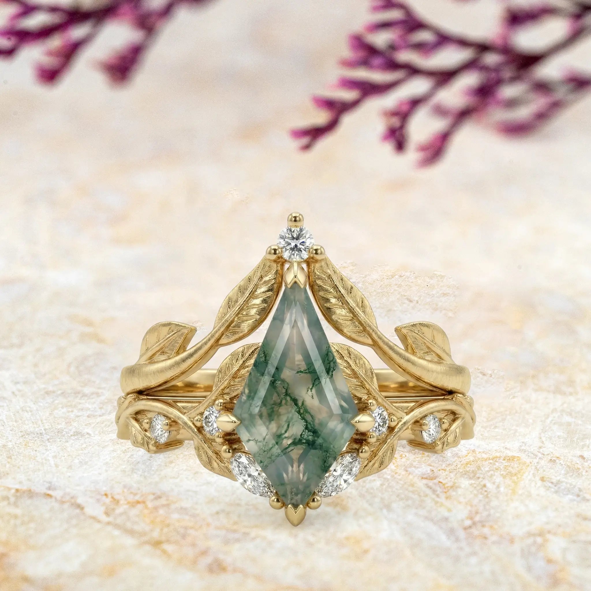 Kite cut moss agate leaf ring set with moissanite, nature inspired gold promise ring handcrafted by Orleone