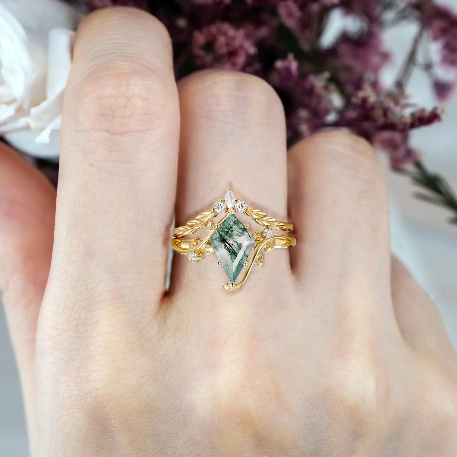 Kite-shaped moss agate engagement ring set in gold with leaf design for women