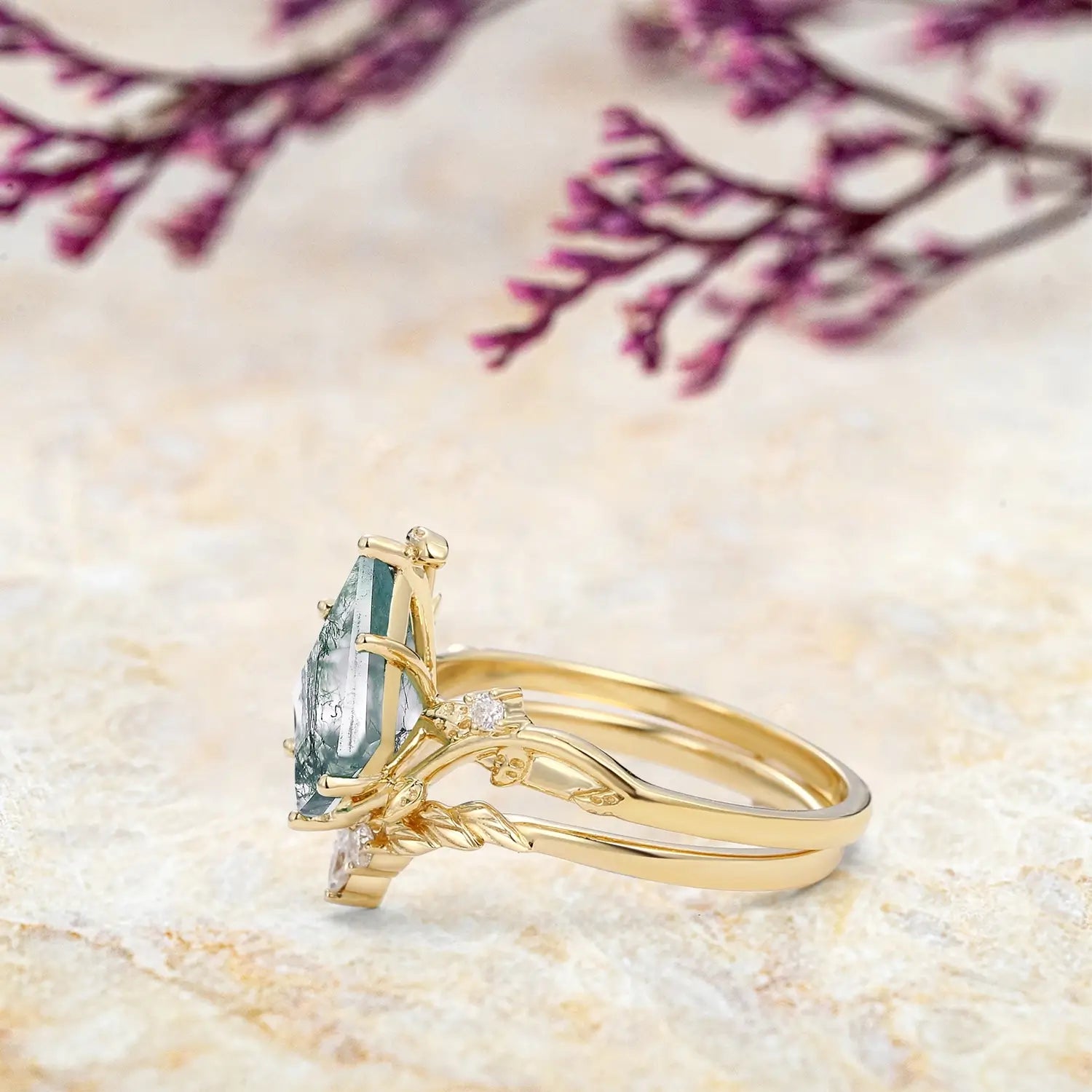 Handmade kite moss agate wedding ring symbolizing growth and harmony