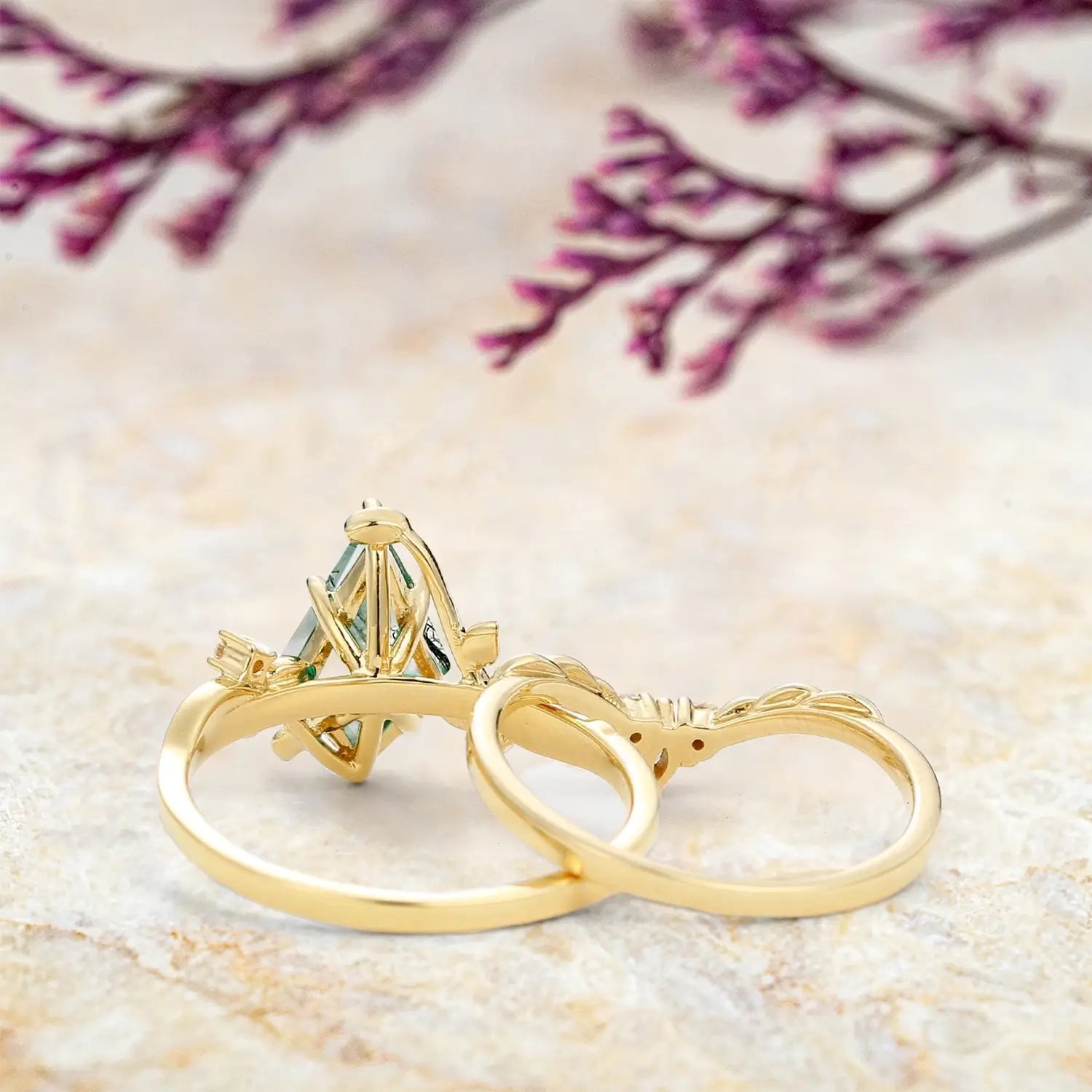 Verdantia gold leaf engagement ring with green moss agate center