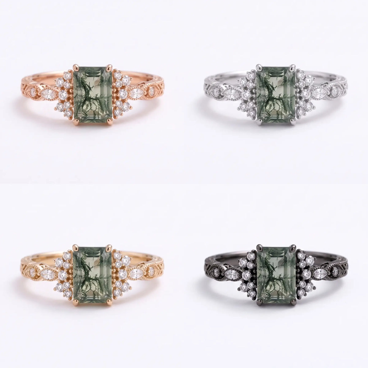 Verdelisse vintage emerald cut moss agate cluster engagement ring shown in rose gold, yellow gold, white gold and black gold options.