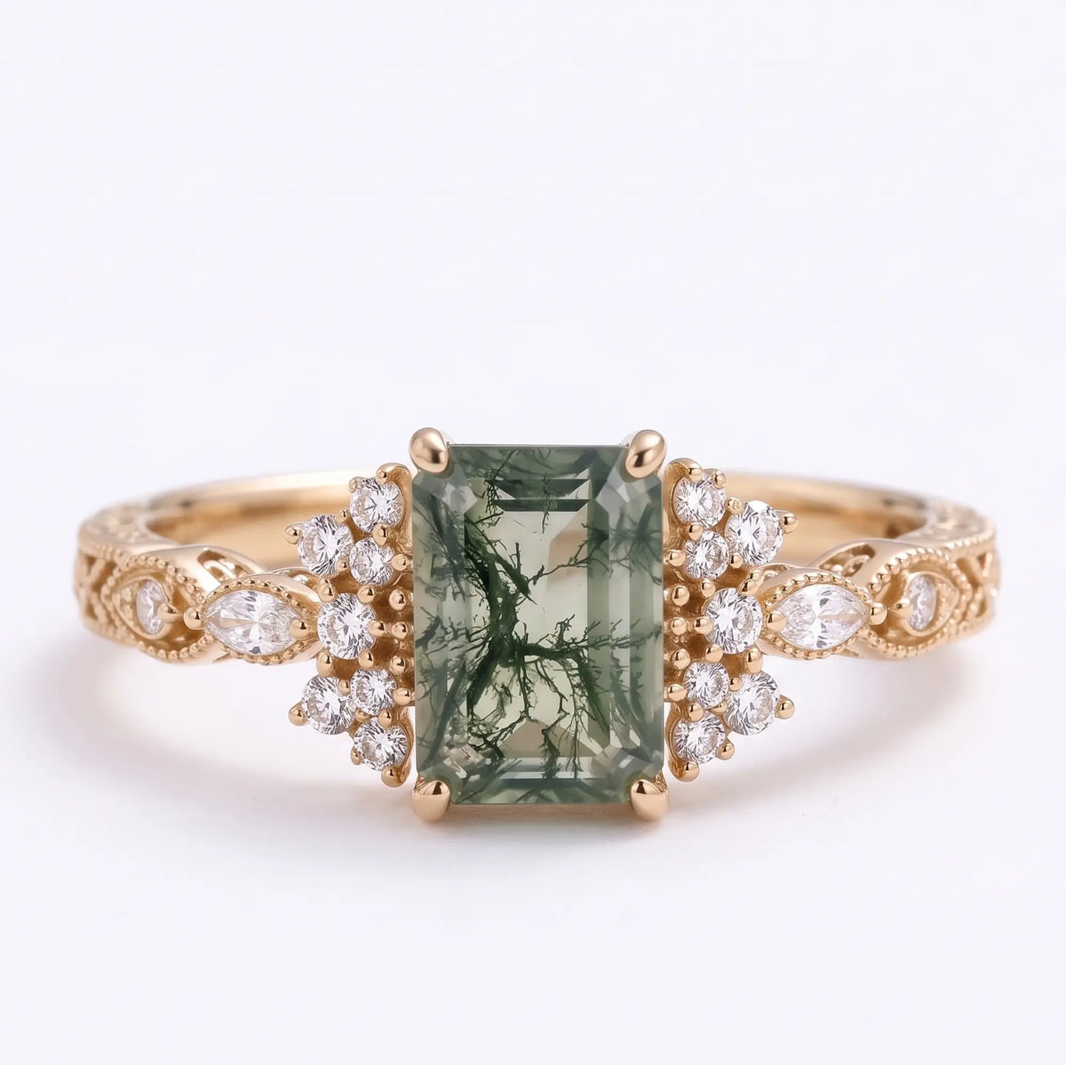 Verdelisse vintage emerald cut moss agate cluster engagement ring in yellow gold with a luxurious antique-inspired design.