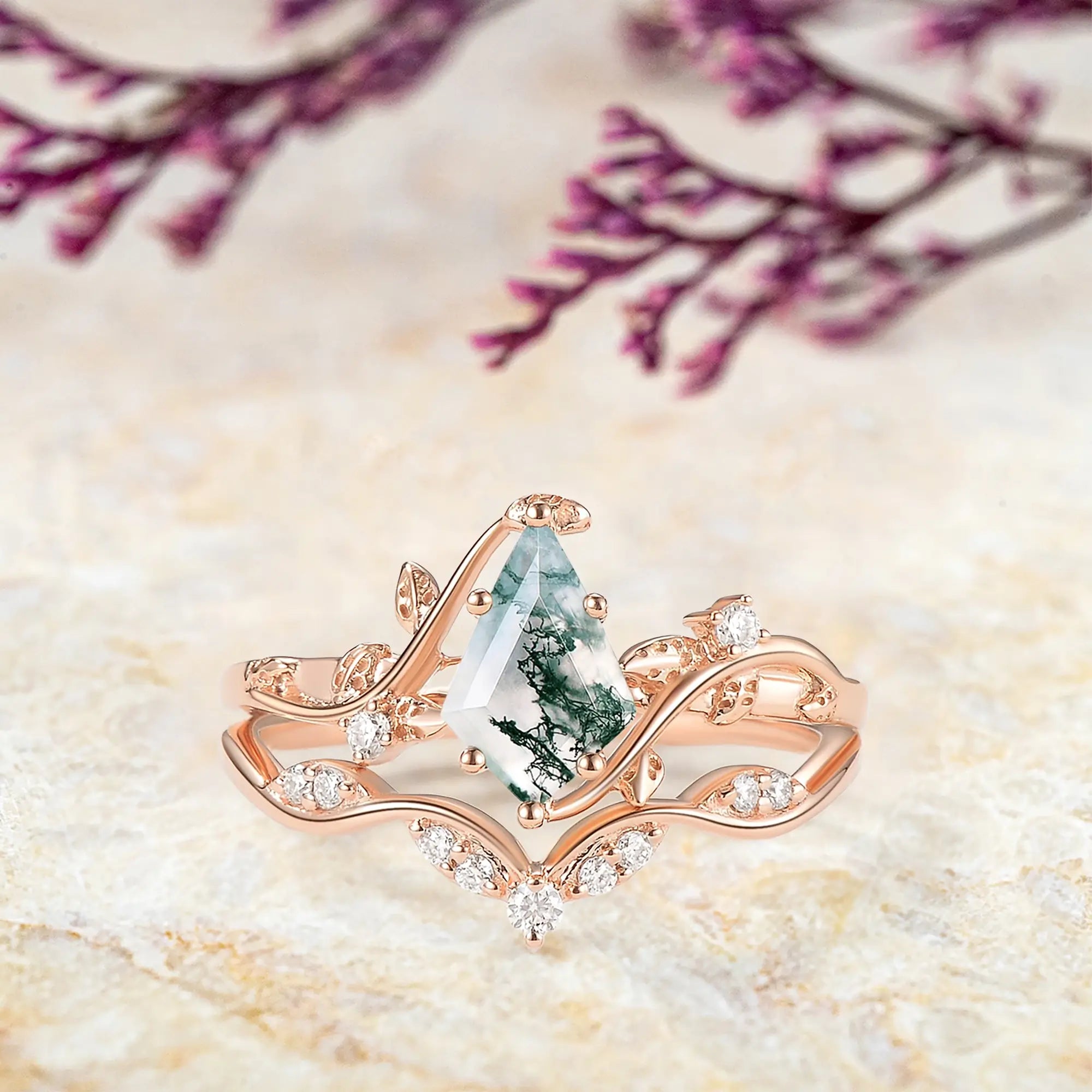 Green Vine Kite Moss Agate Leaf Engagement Ring Set | Nature-Inspired Promise Ring – Orleone