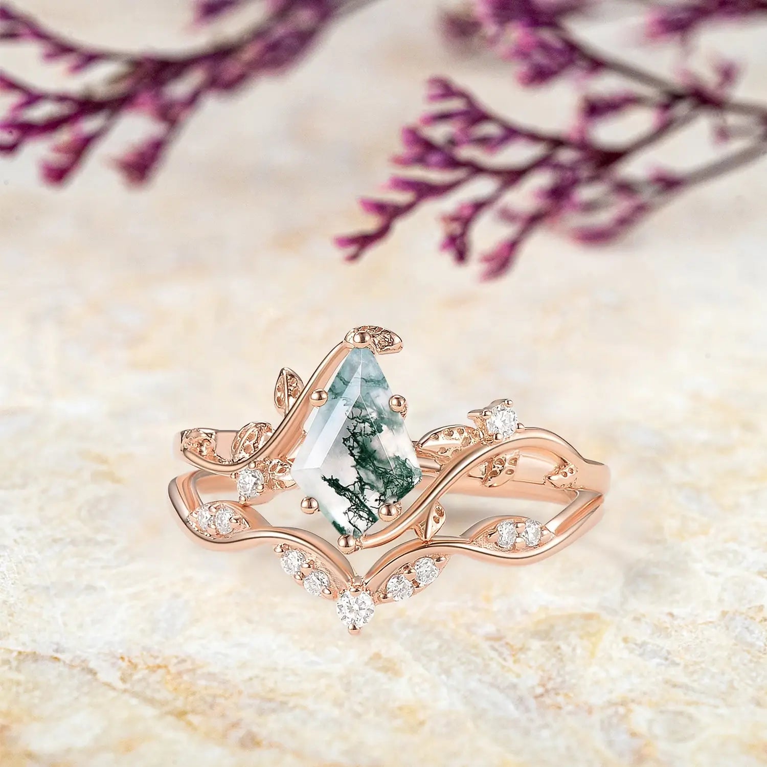 Green Vine Kite Moss Agate Leaf Engagement Ring Set |  Orleone