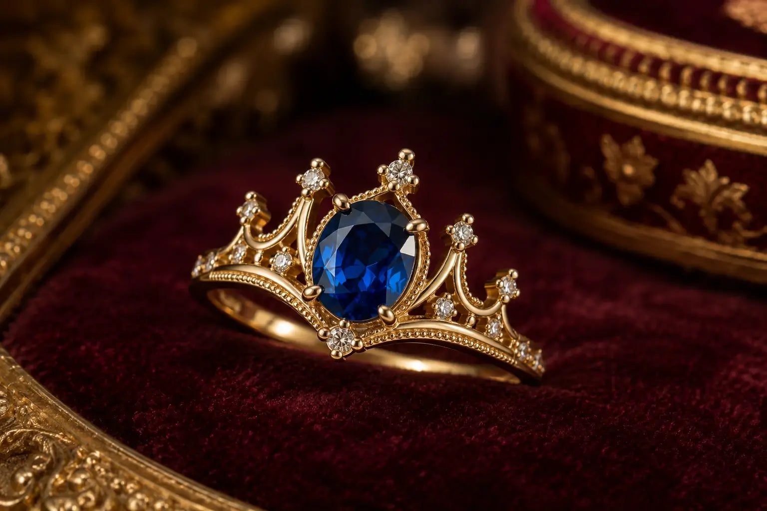 Royal regal engagement ring with crown inspired gemstone setting and refined vintage gold details