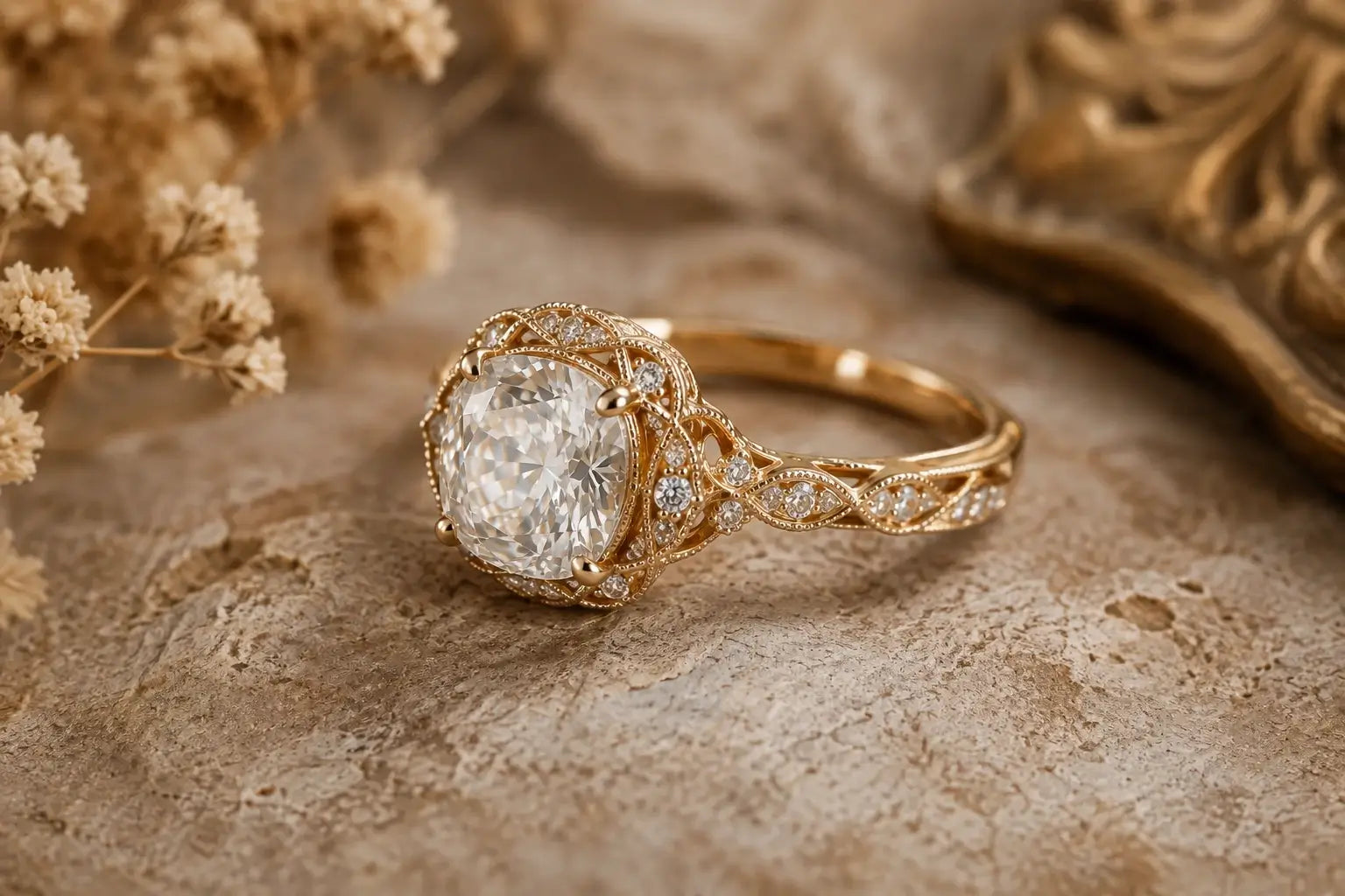 Vintage moissanite engagement ring with antique inspired gemstone details and intricate gold setting