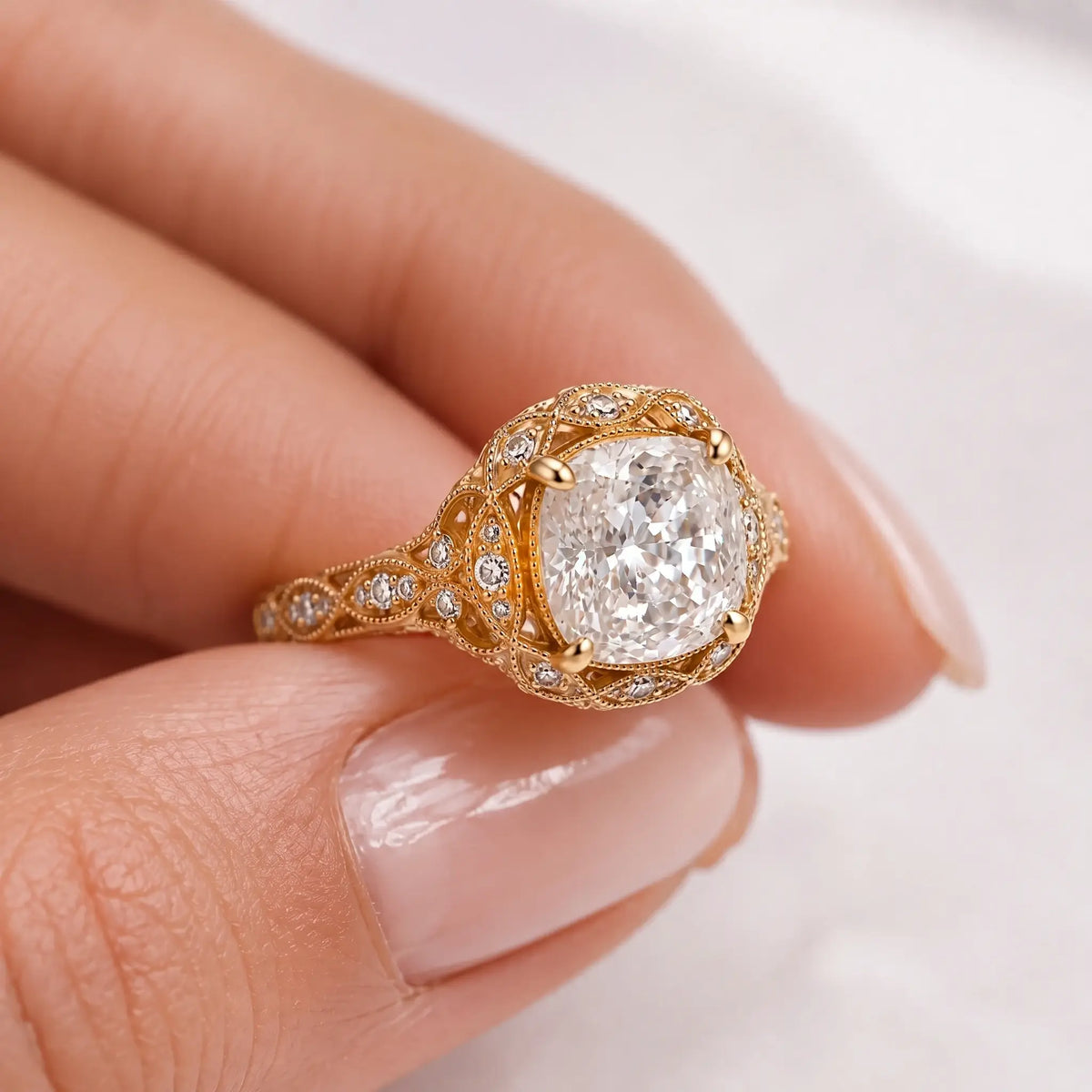Openwork vintage moissanite halo ring with antique milgrain craftsmanship for women gift