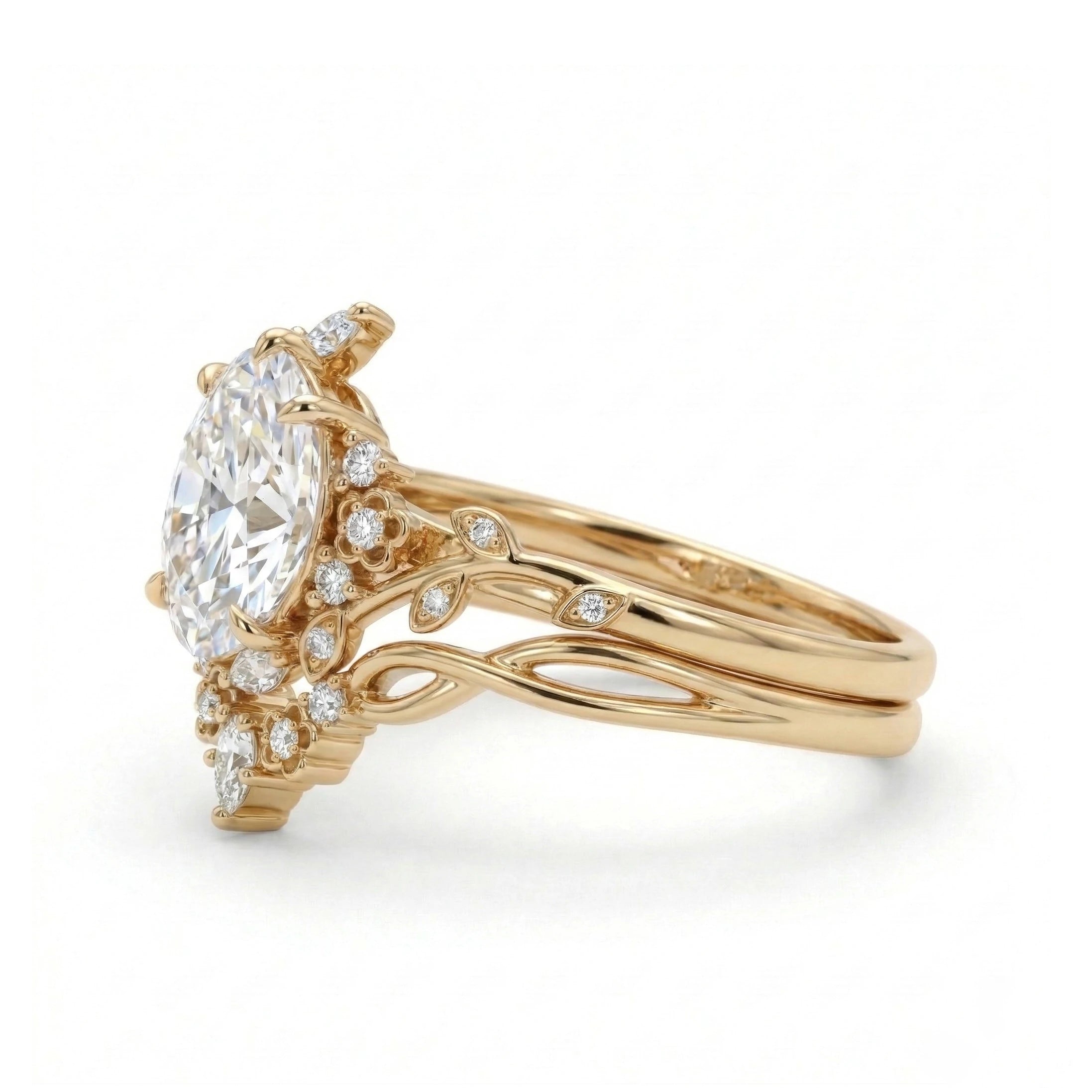 art unique floral oval moissanite engagement ring set