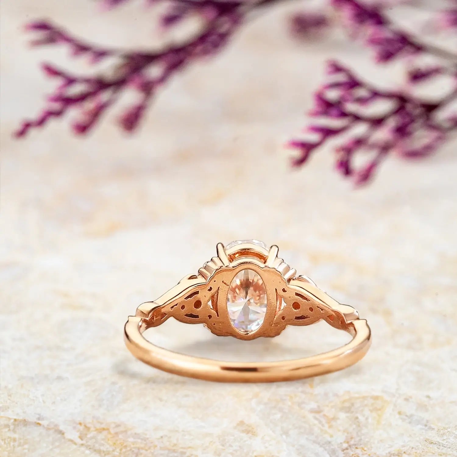 Back view of art deco moissanite pearl engagement ring showing twisted branch band craftsmanship