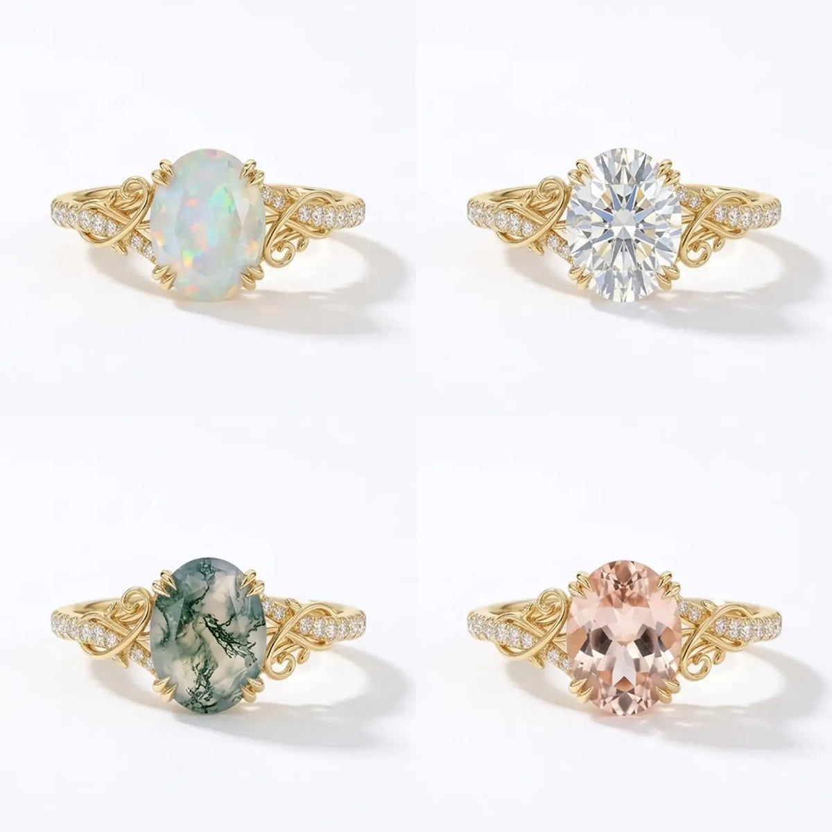 nature inspired opal ring with pavé moissanite vine setting 4 gemstone