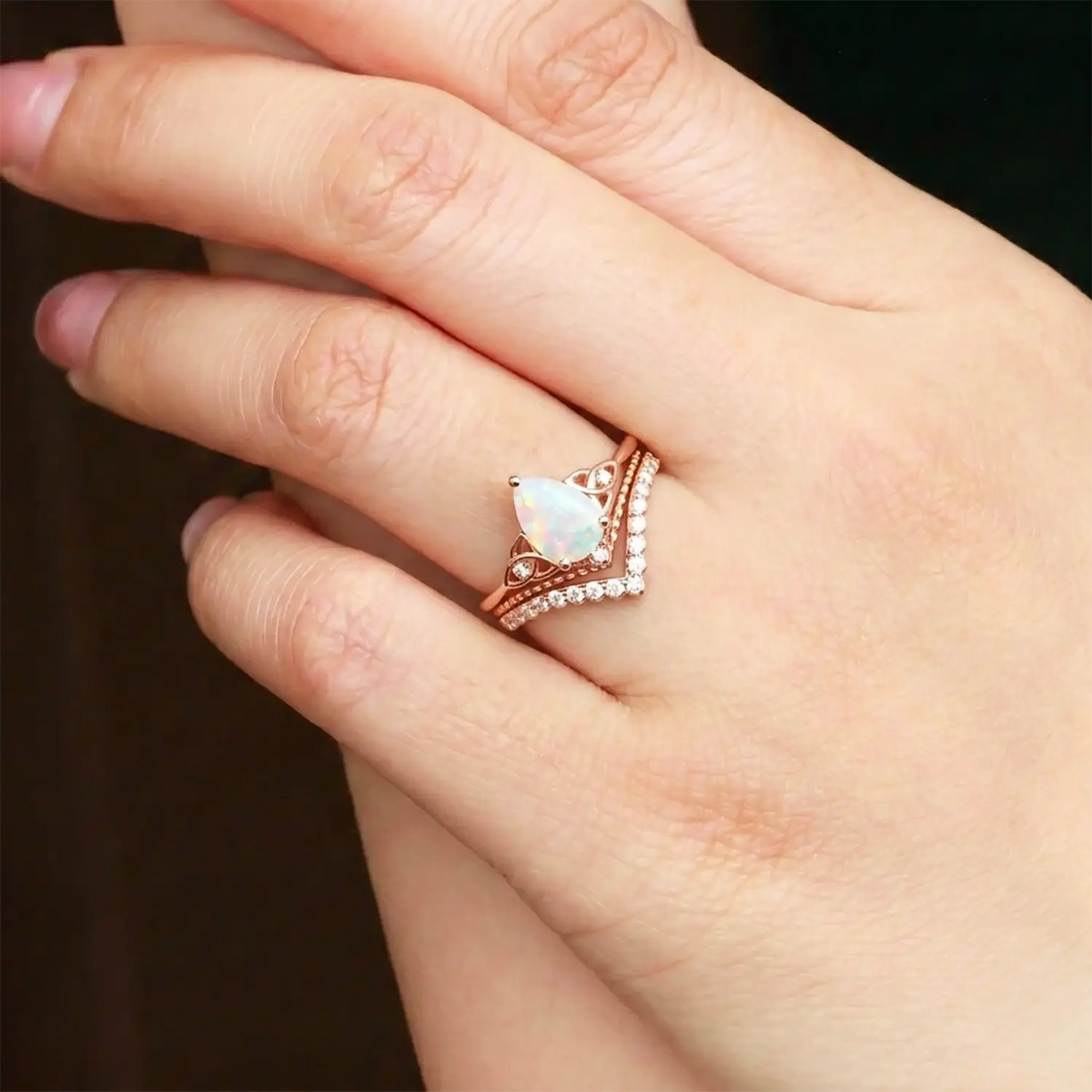 Vintage Pear Cut Opal Engagement Ring Set Art Deco October Birthstone for her gift