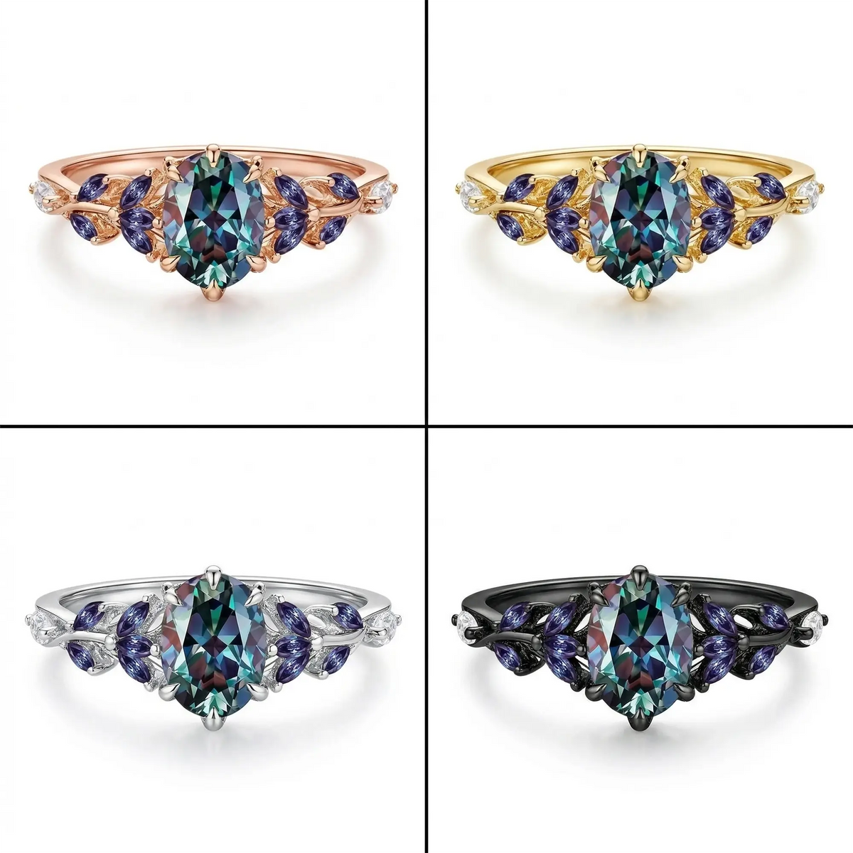 vintage style alexandrite leaf ring oval center marquise cluster floral engagement ring unique design 4 color