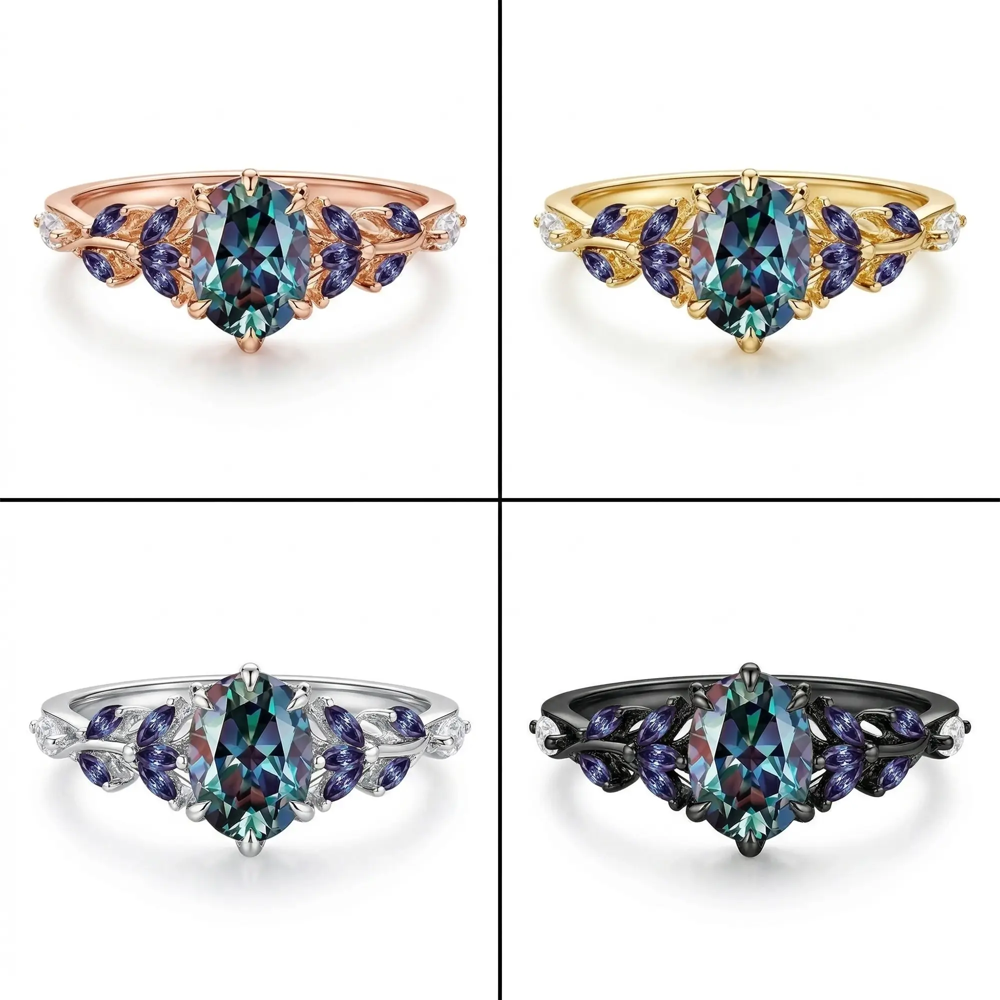 vintage style alexandrite leaf ring oval center marquise cluster floral engagement ring unique design 4 color