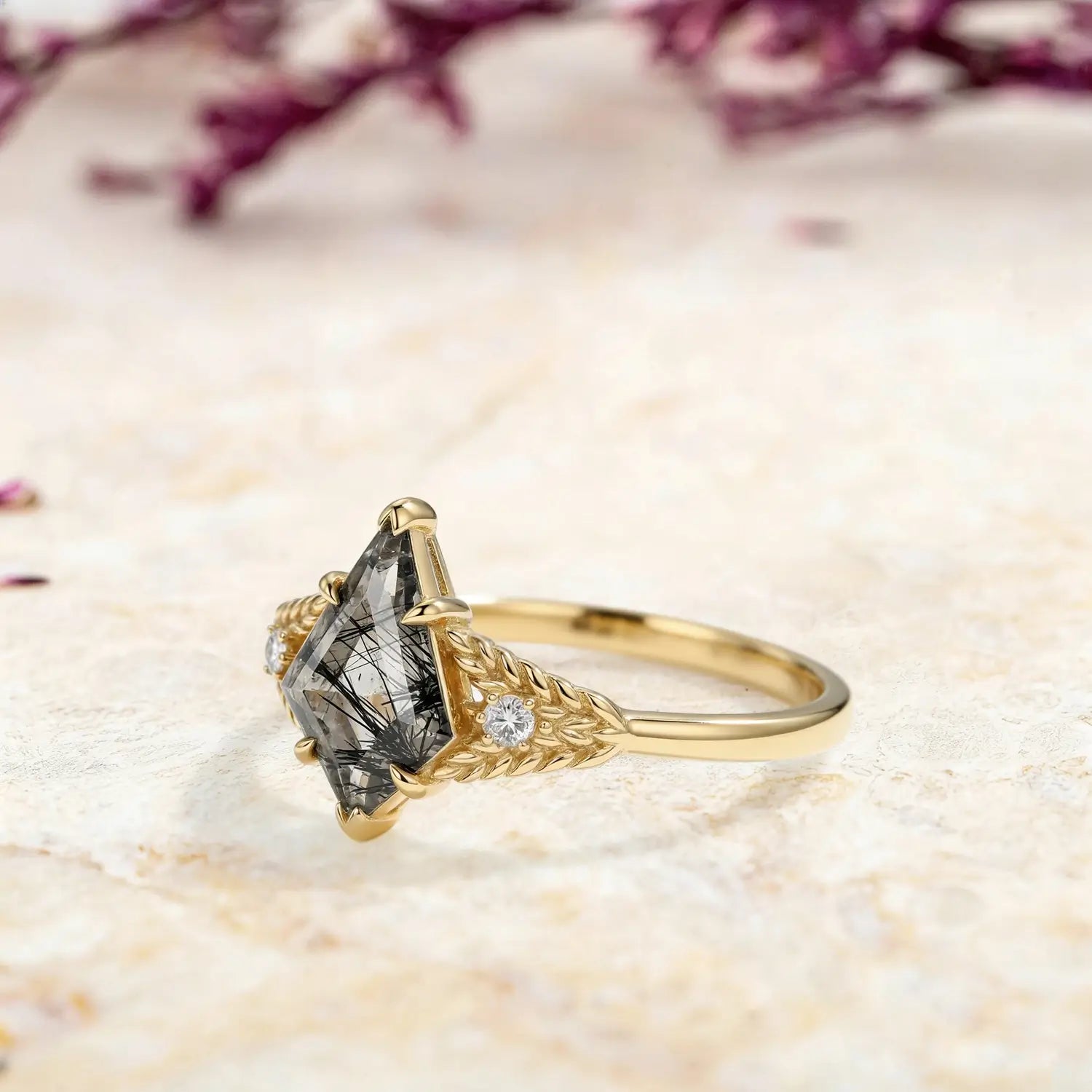 orleone-vintage wheat engagement ring with black quartz and moissanite