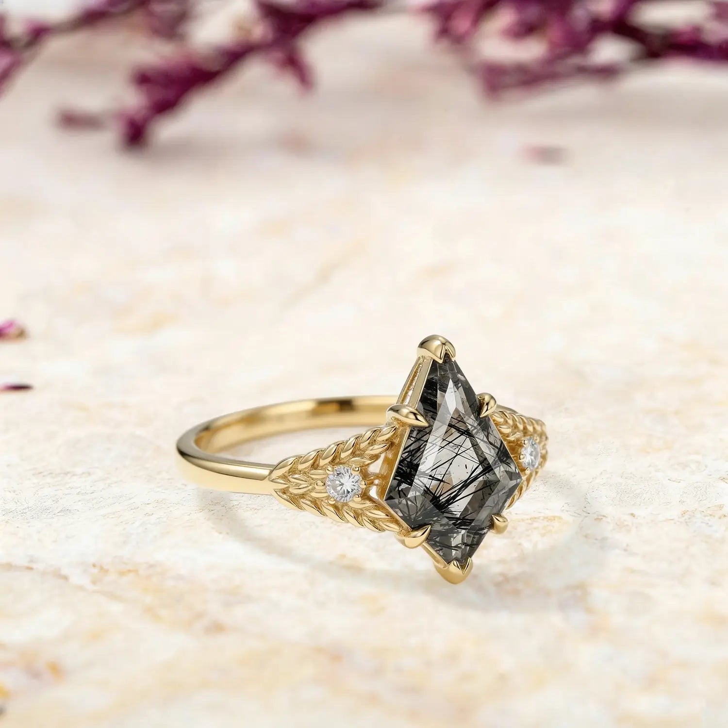 orleone-black rutilated quartz kite ring handmade gold wheat band