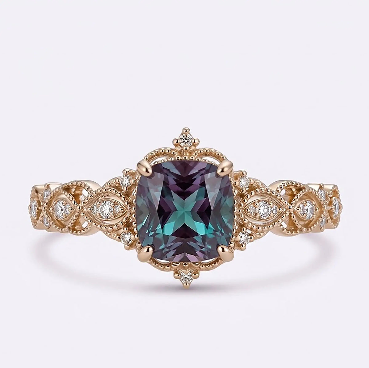 Vintage Edwardian Cushion Cut Lab Alexandrite Engagement Ring Ornate Openwork Milgrain Gold Band – Virelia