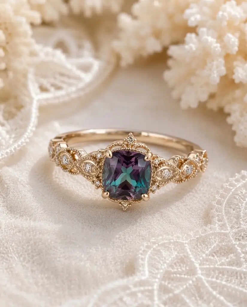 Vintage Edwardian Cushion Cut Lab Alexandrite Engagement Ring Ornate Openwork Milgrain Gold Band – Virelia