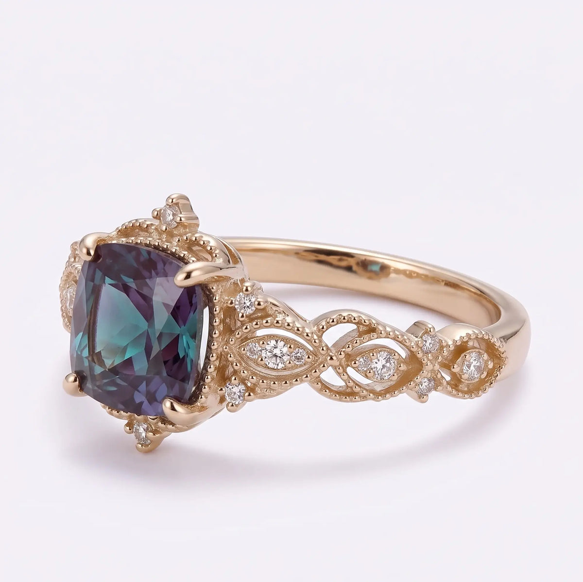Vintage Edwardian Cushion Cut Lab Alexandrite Engagement Ring Ornate Openwork Milgrain Gold Band – Virelia
