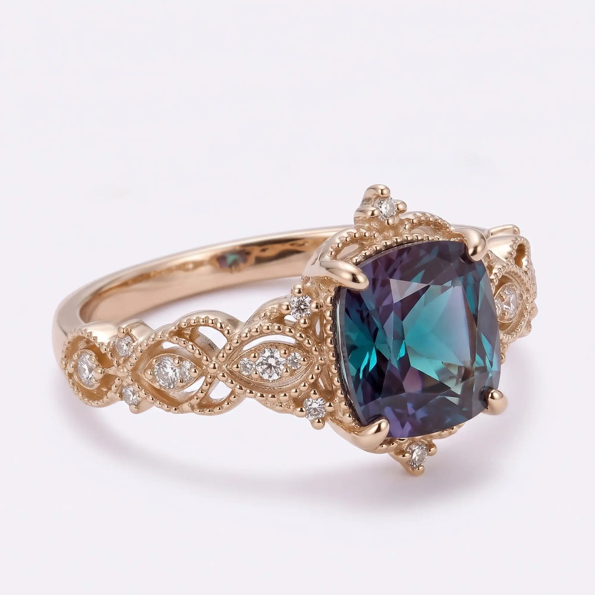 Vintage Edwardian Cushion Cut Lab Alexandrite Engagement Ring Ornate Openwork Milgrain Gold Band – Virelia