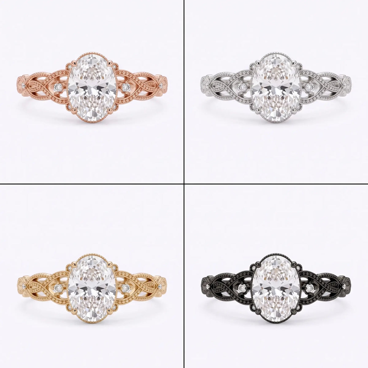 Four gold color variations of the Virelisse oval moissanite engagement ring with twisted filigree and vintage Edwardian-inspired detailing.