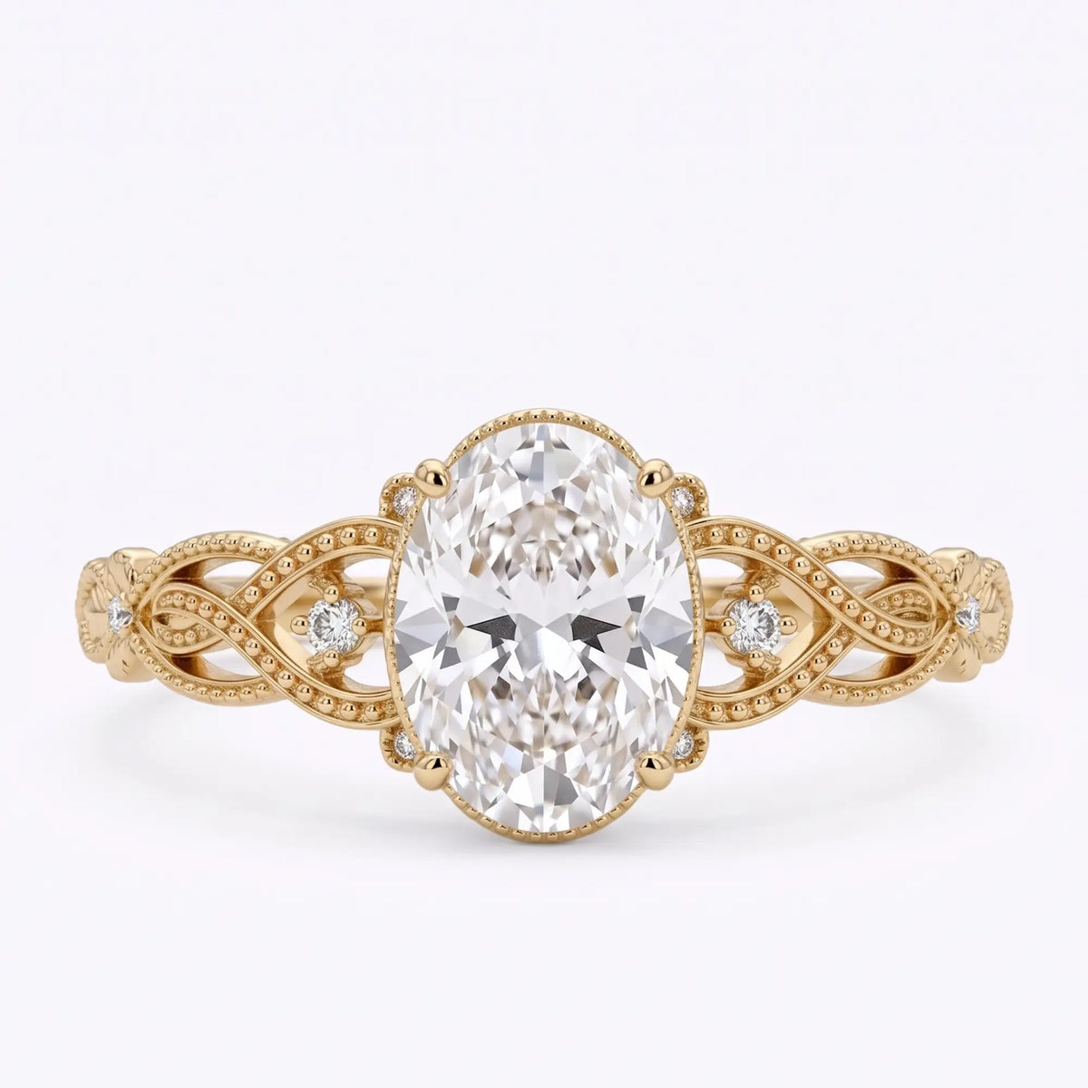 Angled side view of Virelisse oval moissanite engagement ring featuring twisted openwork filigree, sculpted floral details and milgrain edging.