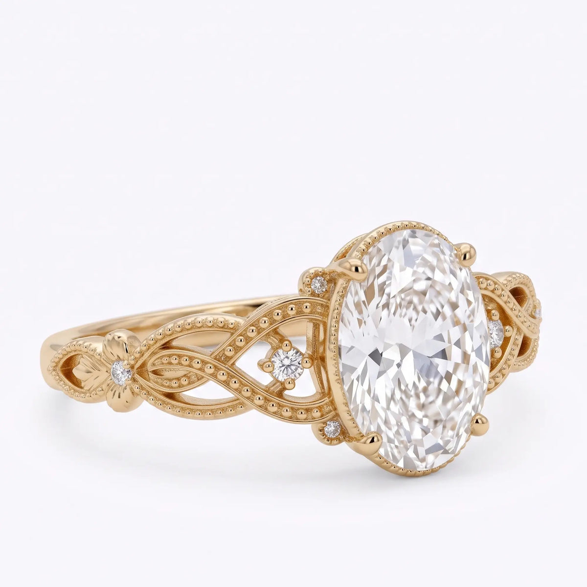 Opposite side of Virelisse Edwardian-inspired oval moissanite engagement ring, highlighting the flowing filigree band and floral metalwork.