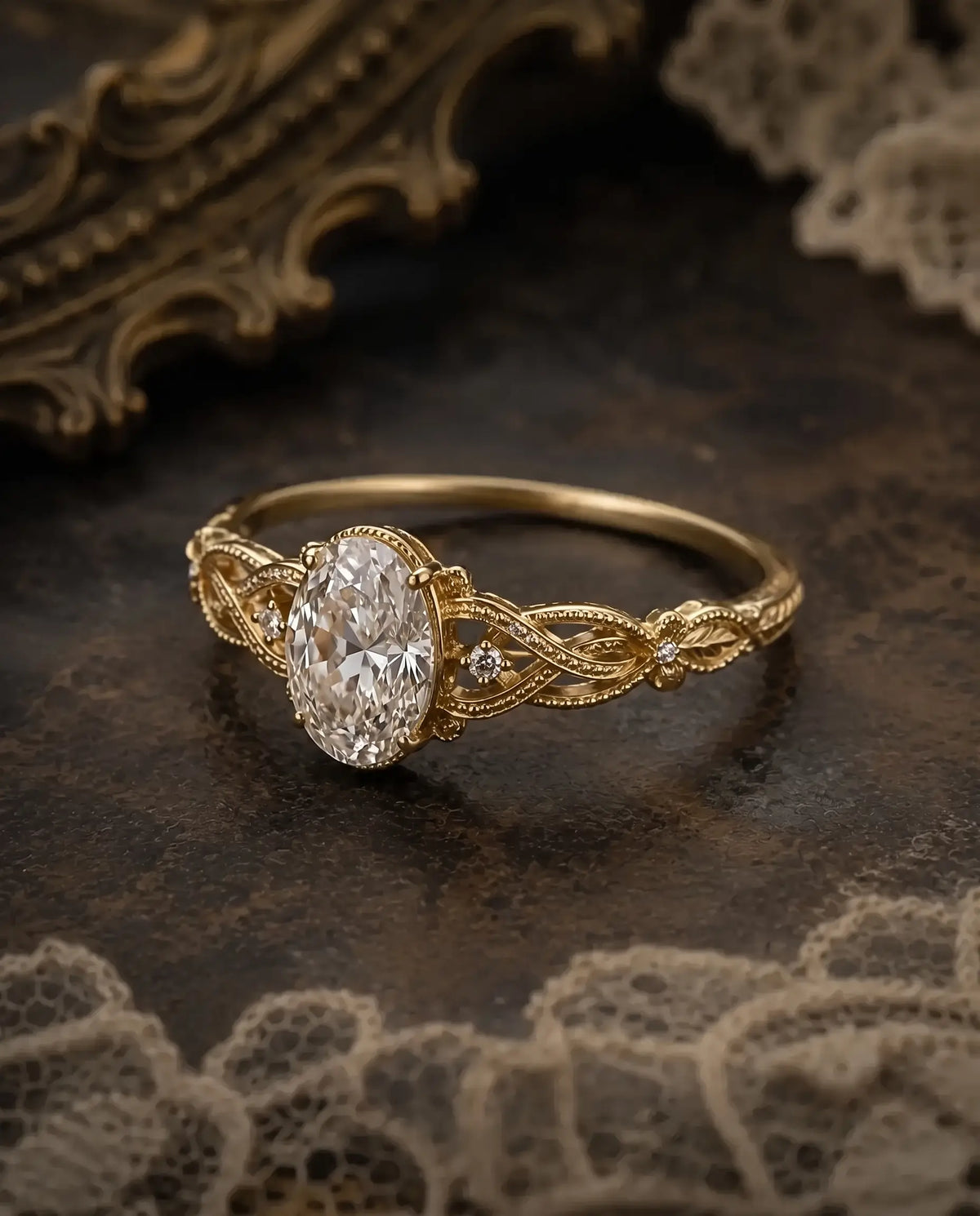 Romantic jewelry lifestyle photograph featuring the Virelisse vintage oval moissanite engagement ring with sculpted floral filigree.