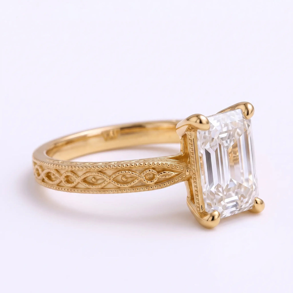 Angled view of vintage-inspired emerald-cut diamond ring