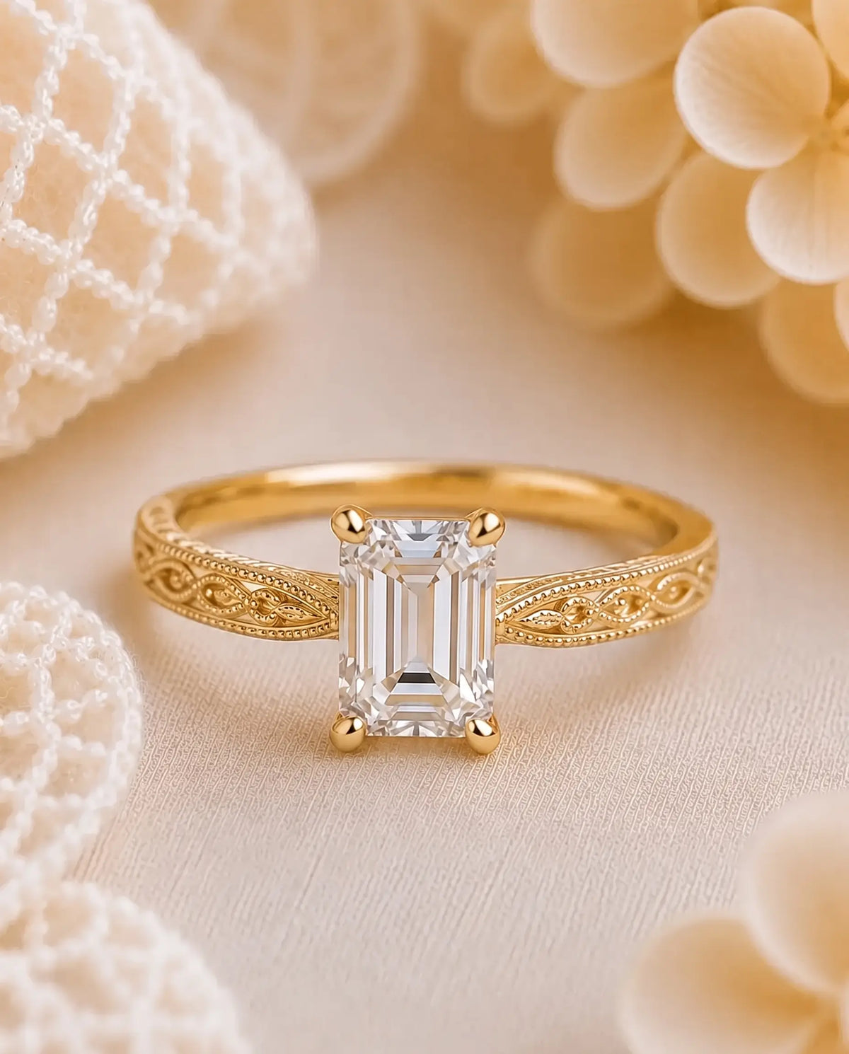 Profile of gold-tone vintage-inspired scrollwork ring band