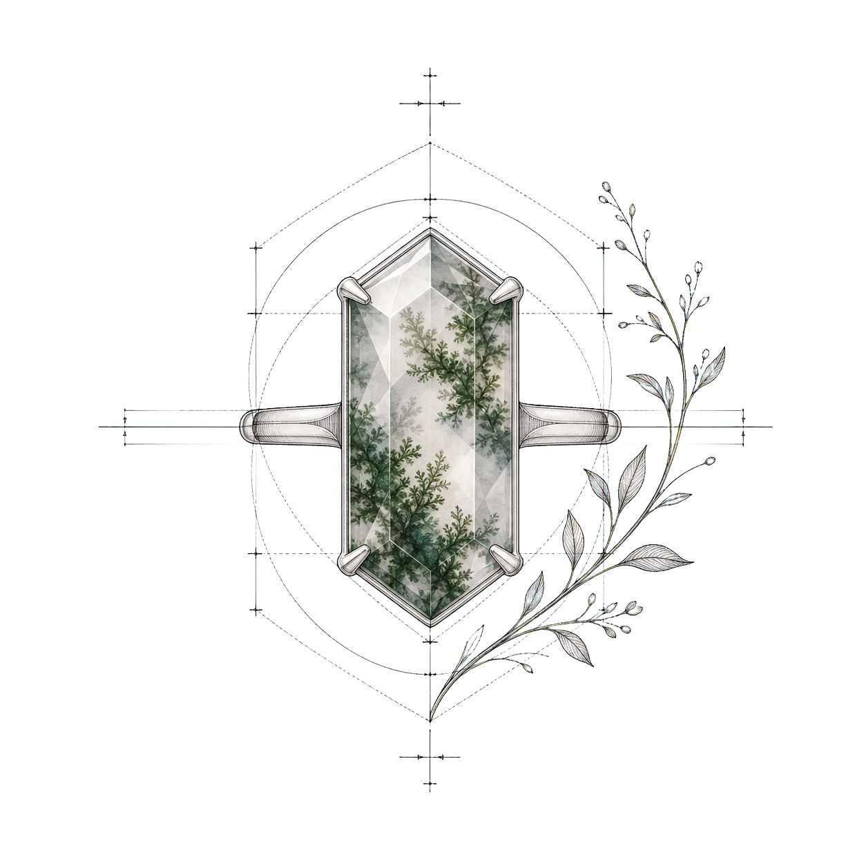 Moss agate ring design sketch