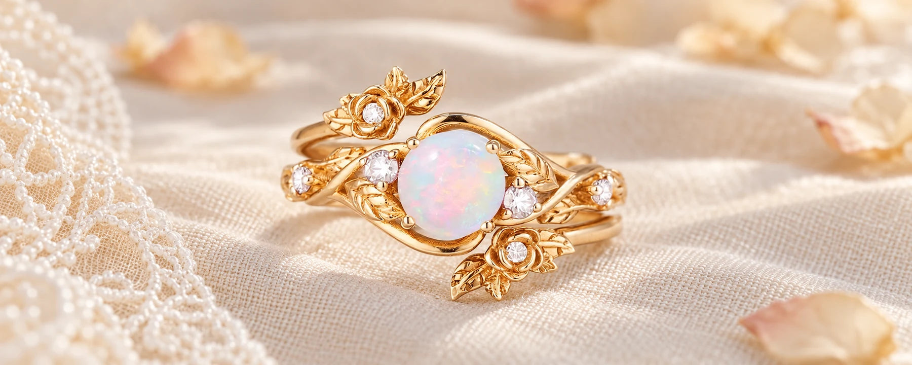 Rosabel – Opal Flower Bridal Set | Rosebud Enhancer Art Deco Ring October Birthstone - Orleone collection campaign