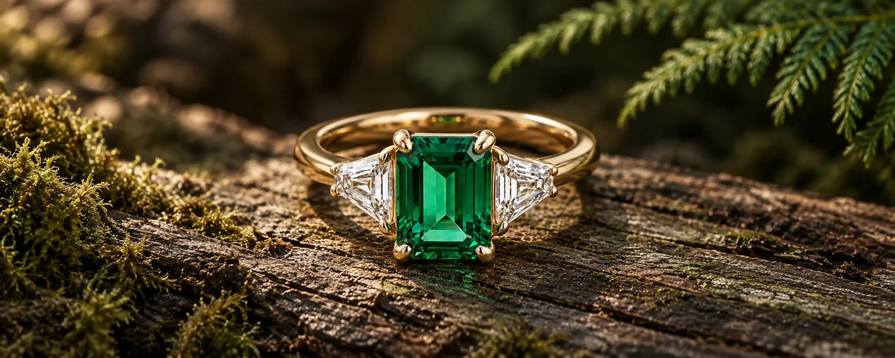 Classic Emerald Cut Emerald Three Stone Engagement Ring – Emerielle - Orleone collection campaign