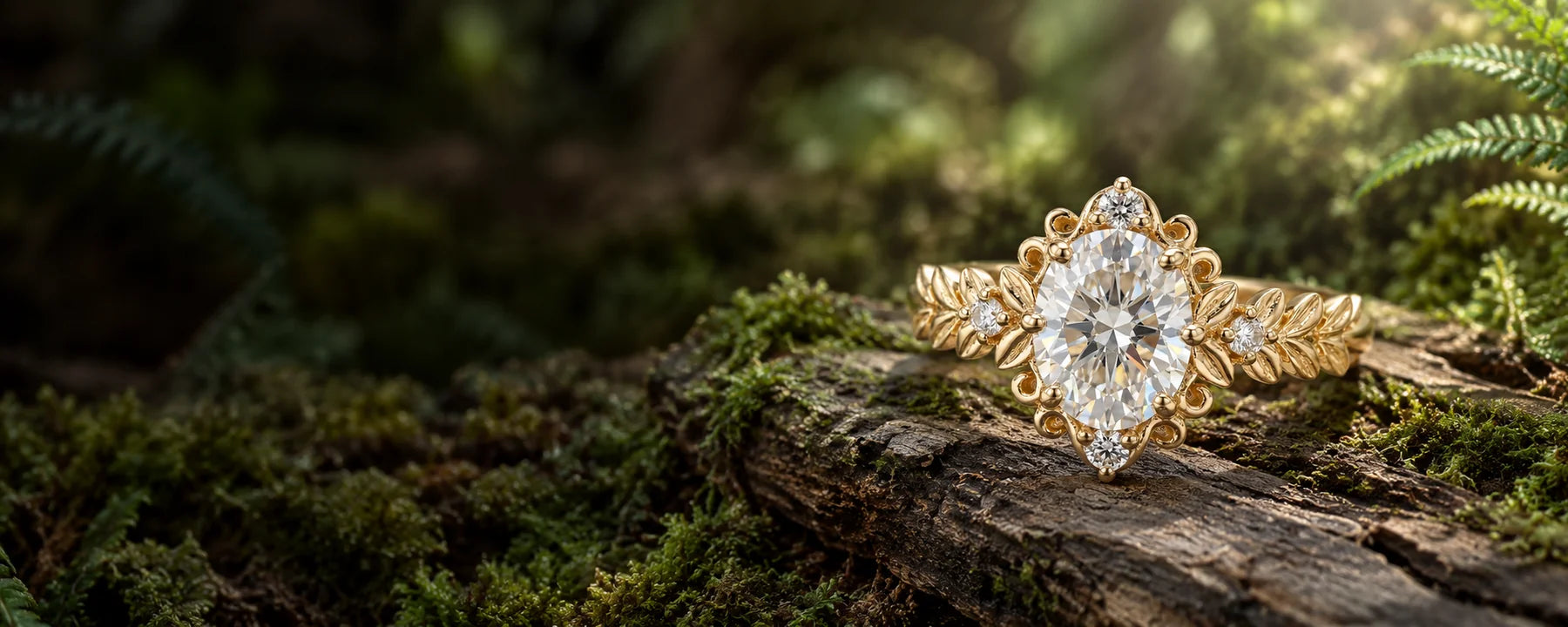 Orleone Victorian oval moissanite leaf ring on moss-covered wood