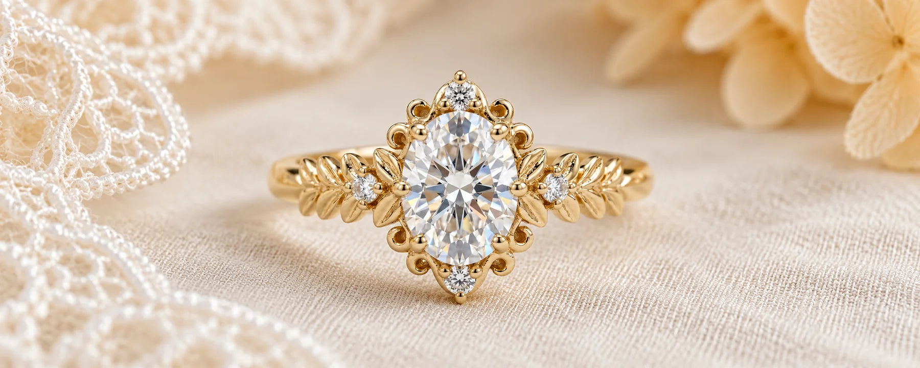 Vintage Oval Moissanite Leaf Engagement Ring Victorian Romantic - Orleone collection campaign