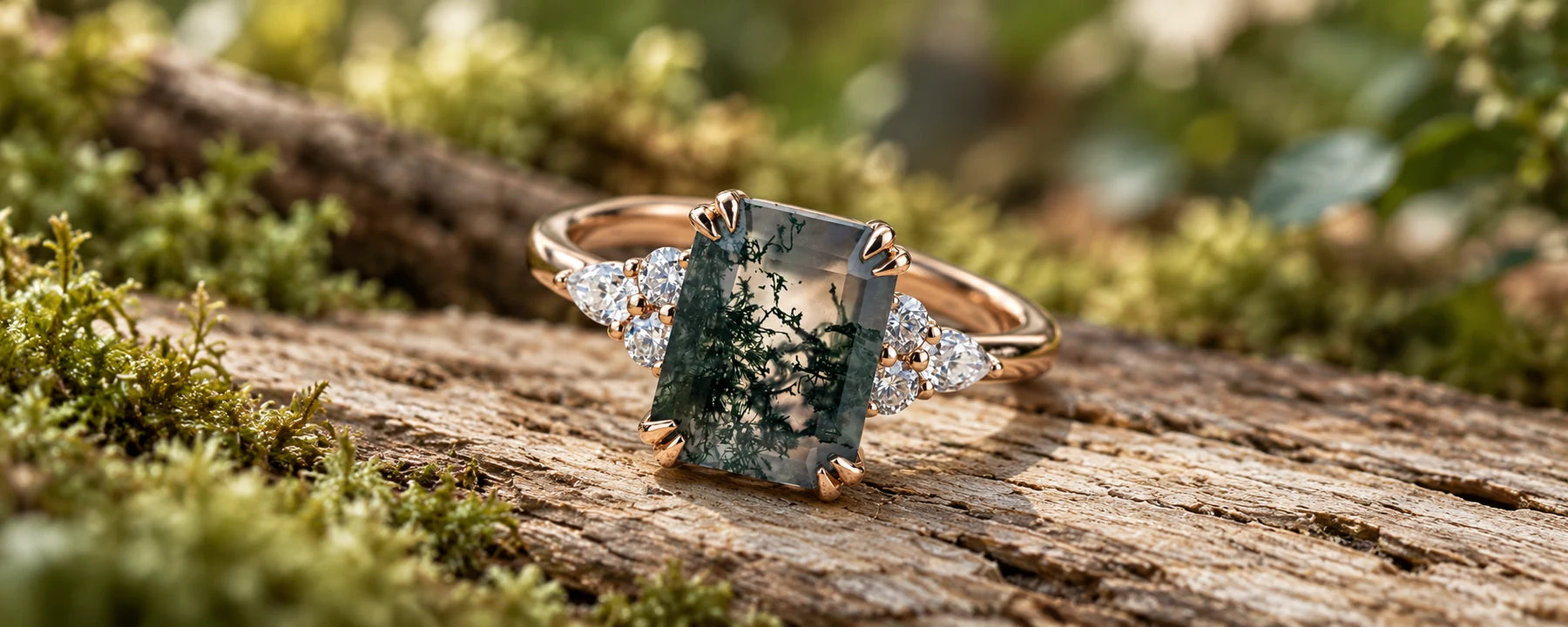 Evangeline - Emerald Cut Moss Agate Engagement Rings Cluster Gold Ring - Orleone collection campaign
