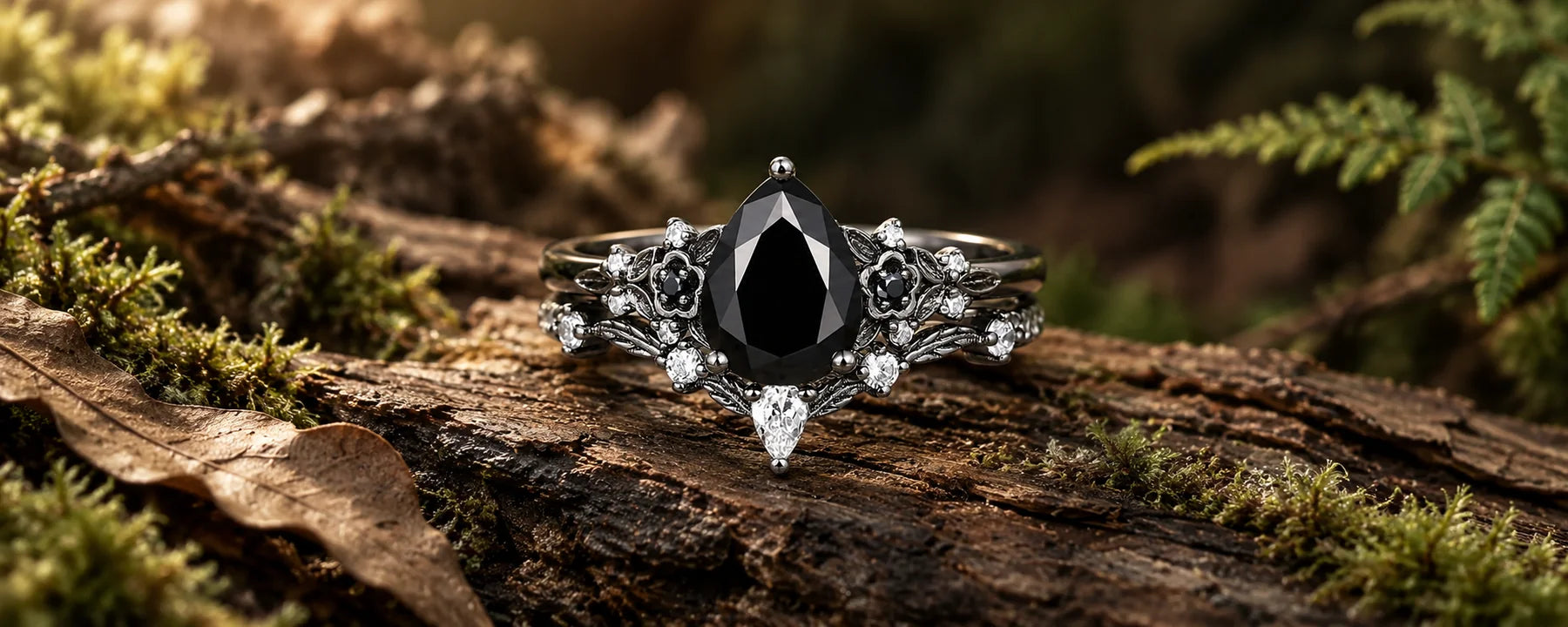 Pear Black Onyx Engagement Ring Set Black Gold Floral Gothic Ring- Midnight - Orleone collection campaign