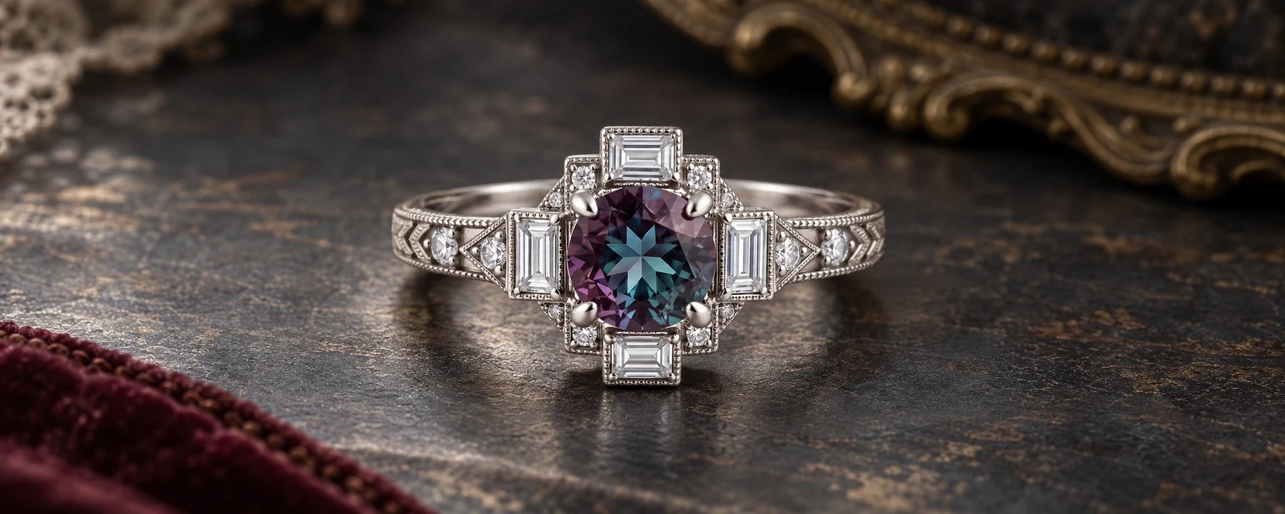 Art Deco Round Lab Alexandrite Cluster Halo Engagement Ring – Vesperelle - Orleone collection campaign